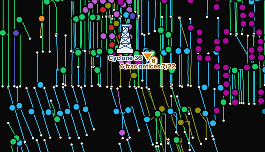 The dark map: wells and laterals colored by formation in Converse County, Wyoming, with a drilling rig and frac notices