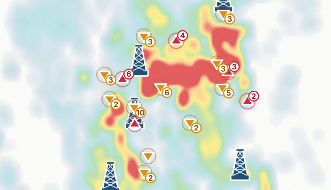 Production heat map of the Powder River Basin, Wyoming, with drilling rigs, spuds and frac notices